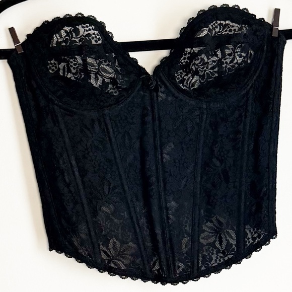 Vintage Frederick's of Hollywood Black Lace Corset with Boning, Rosette - Picture 2 of 13